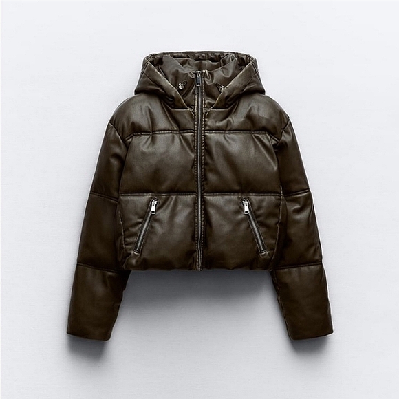 ZARA BROWN CROPPED FAUX LEATHER PUFFER JACKET ✨️SIZE XXL✨️ - Picture 3 of 9